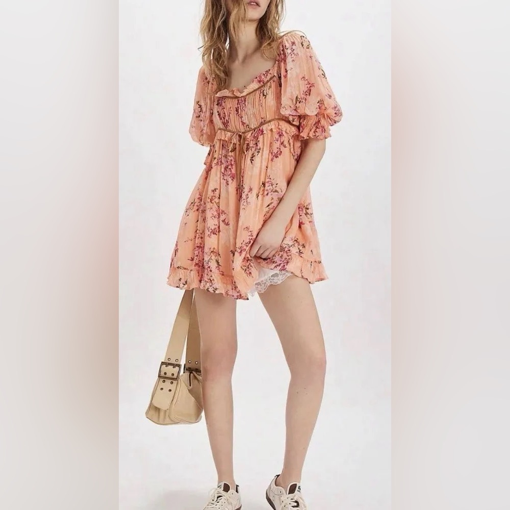 227. FREE PEOPLE Marney Mini Dress babydoll in Peach combo NWT $148 - Picture 5 of 10
